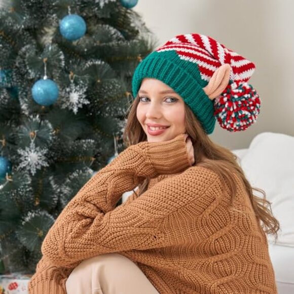 Elf Beanie Hat Oversized Pompom Festive Holiday Party Wear Stretchy Acrylic main image 7